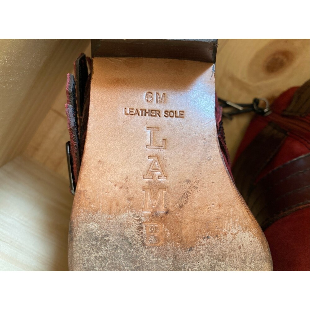 L.A.M.B. Nanetta Merlot Suede & Leather Strap Hearts Buckle Ankle Booties Size 6 - Picture 9 of 12